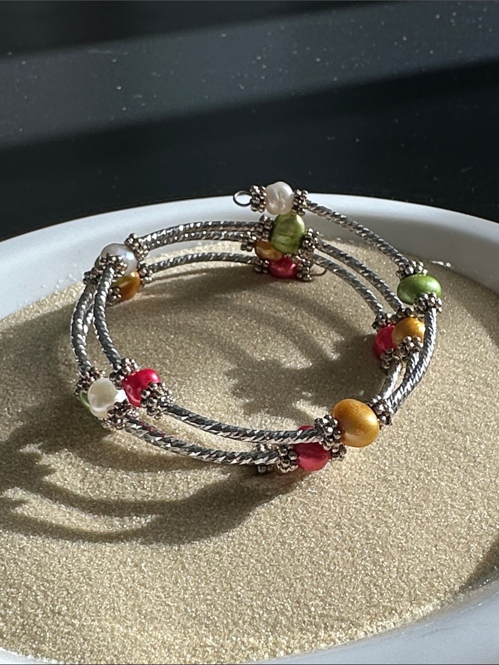 Silver toned FW Pearl Bracelet with Green, Gold, Pink, and White Pearls